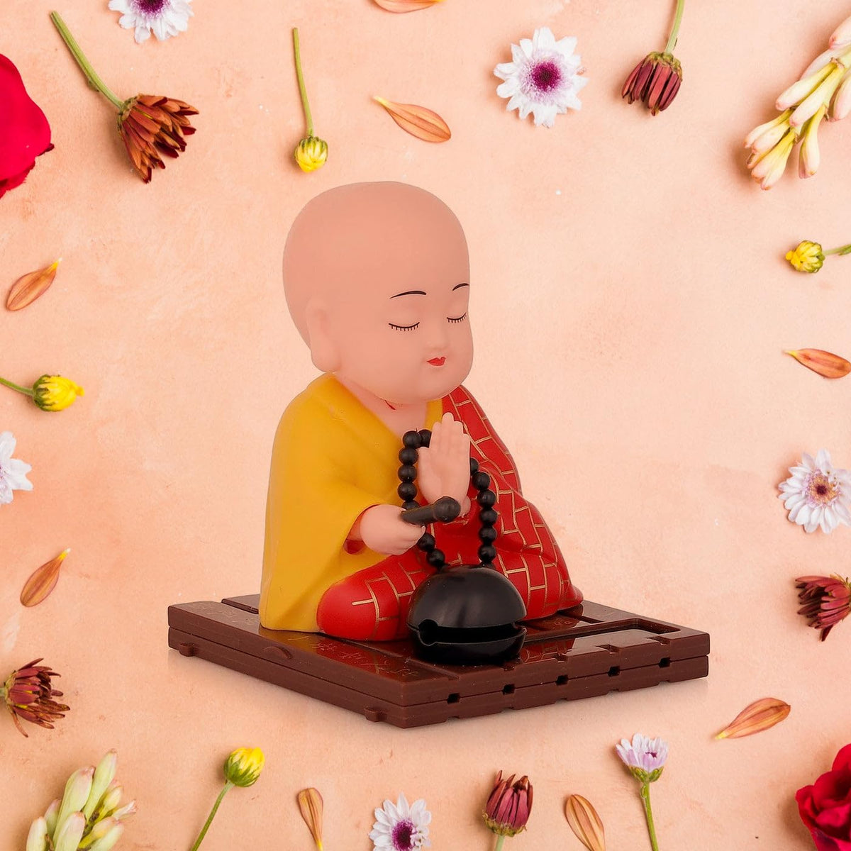 Medium Solar Powered Sitting Buddha Statue - Shaking Head Buddha Monk Statue for Car Dashboard, Home & Office Health Wealth & Prosperity, Peaceful Meditation Ornament (1Pc-Red)
