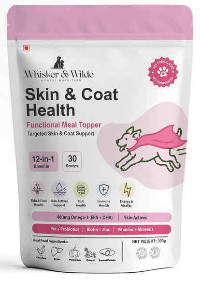 Whisker and Wilde Dog Skin and Coat Supplement | 460mg Omega-3 for Dogs | Coat Shine, Reduced Shedding, Dry Skin | Biotin, L-Methionine, Selenium, Zinc | Skin Actives | 300g