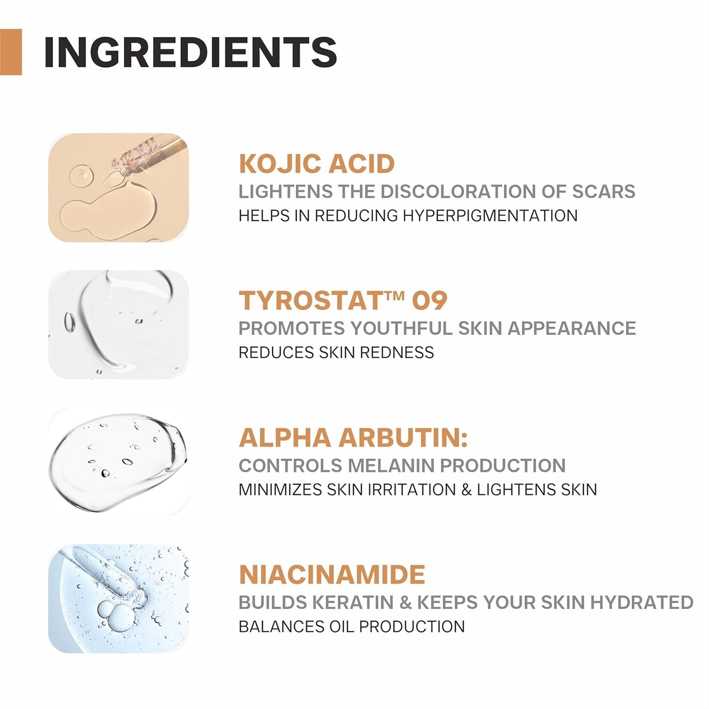 List of skincare product ingredients with icons and descriptions on a white background