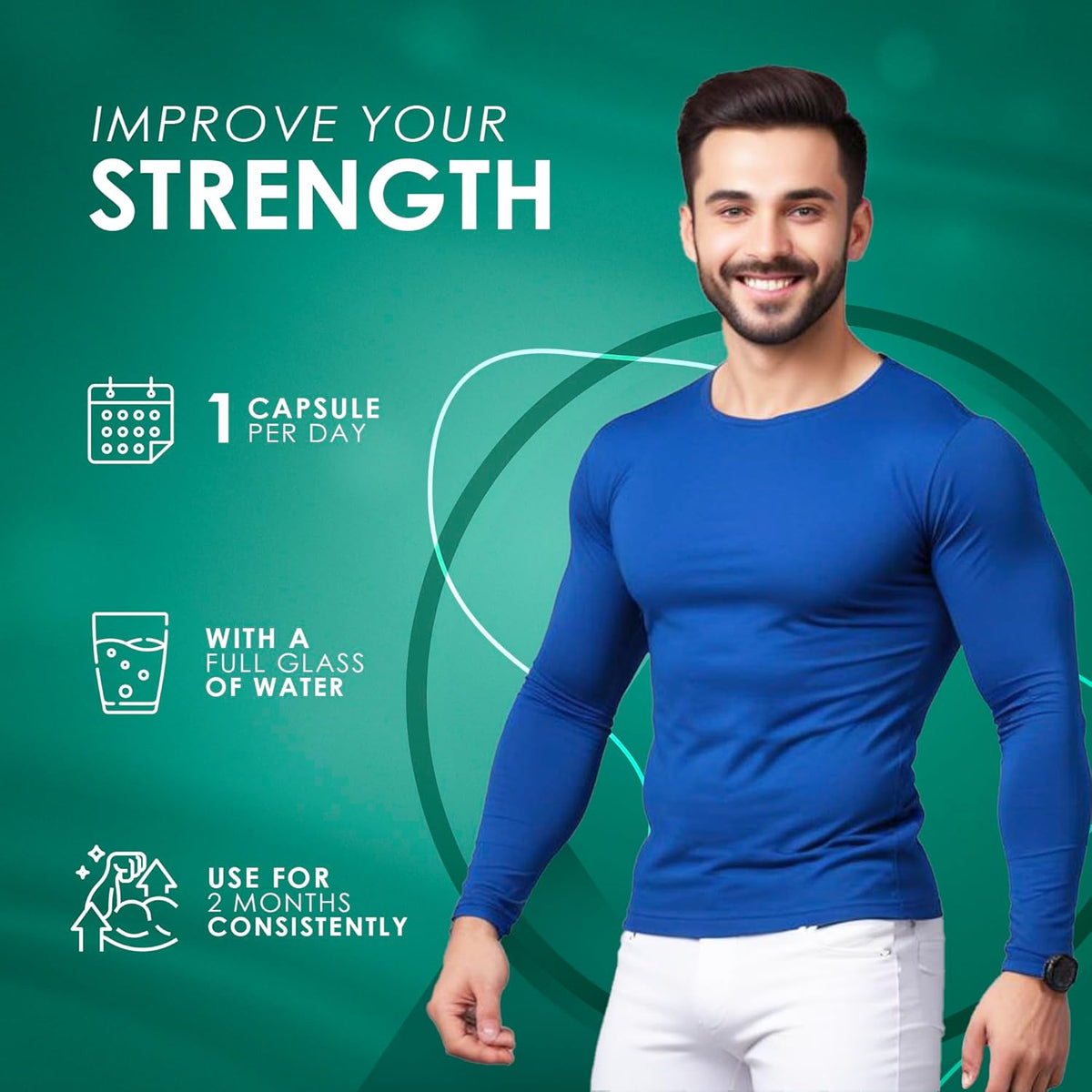 Man in blue shirt with fitness supplement advertisement on green background