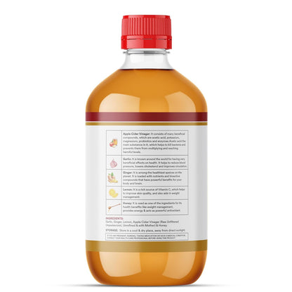 INLIFE Apple Cider Vinegar with Garlic Ginger Lemon Honey | Mother of Vinegar Raw Unfiltered Unpasteurized, 500 ml