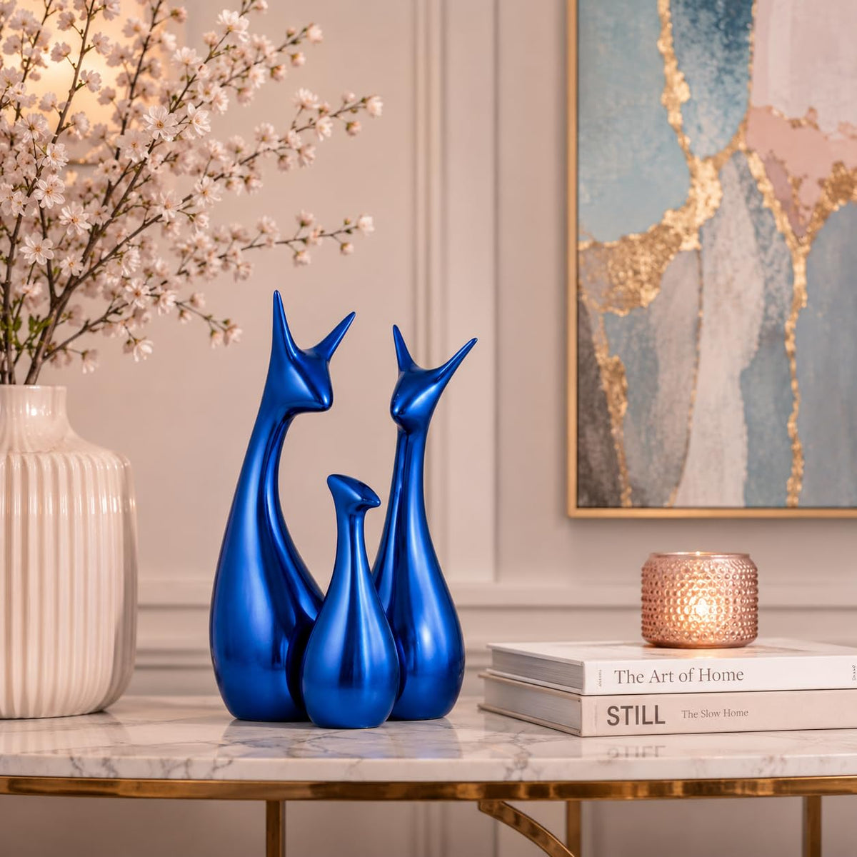 Muted Matte Metallic Blue Home Decor Lucky Deer Family Ceramic Figurine (Set of 3, Blue)