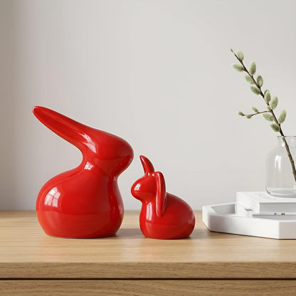 Home Décor Ceramic Rabbit Figurines (Set of 2, Red Color)