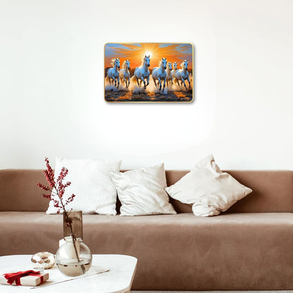 7 Running Horses MDF Wall Art 12x18 Inch | Golden Border Vastu Painting for Home & Office Décor | Modern Elegant Wall Hanging Frame for Living Room, Bedroom (Design 3)