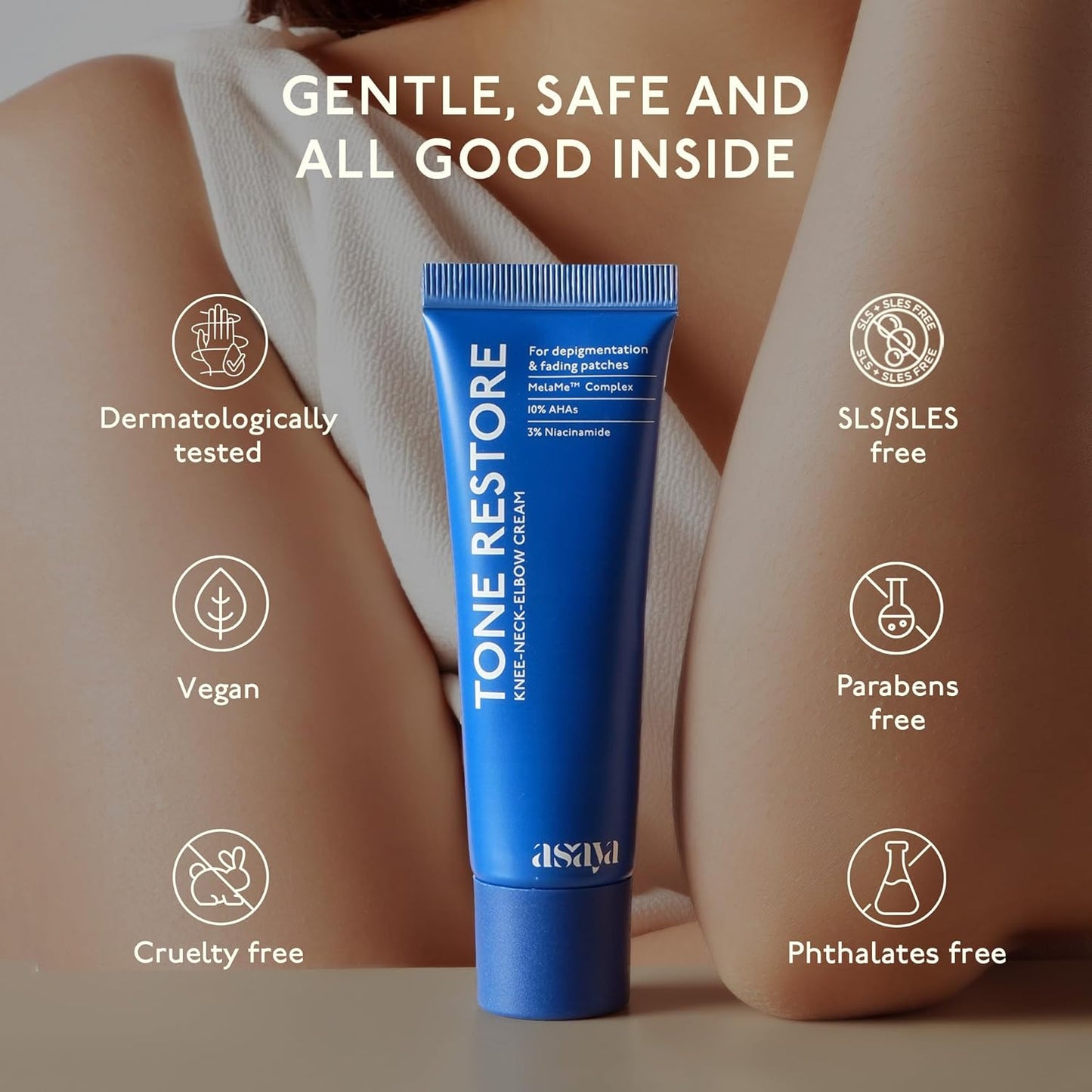 Blue tube of 'Tone Restore' skincare product with certification icons on a blurred background