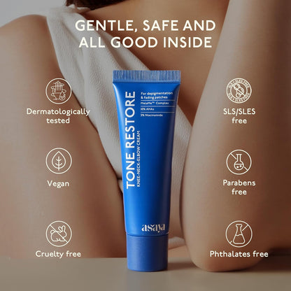 Blue tube of 'Tone Restore' skincare product with certification icons on a blurred background