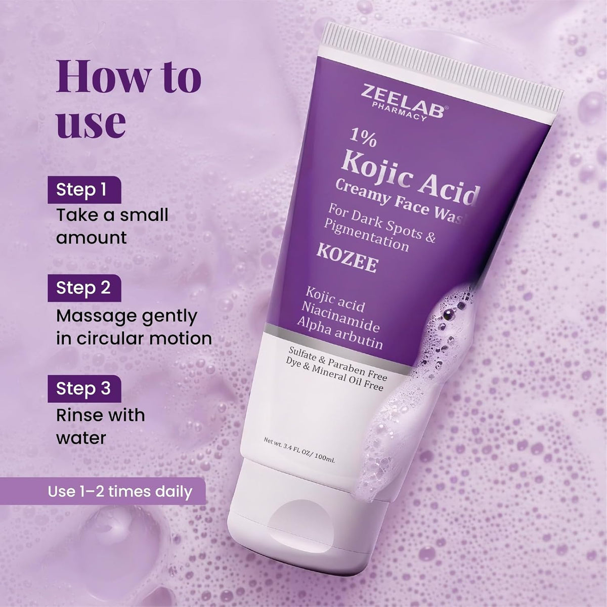 Zeelab Kojic Acid Creamy Face Wash packaging with usage instructions on a purple background