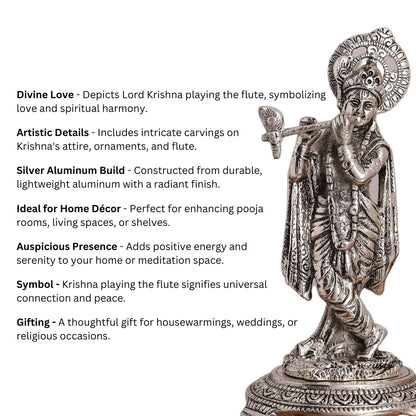 Silver Plated Krishna Playing Flute Idol – Standing Pose Statue for Mandir, Pooja & Home Decor Showpiece