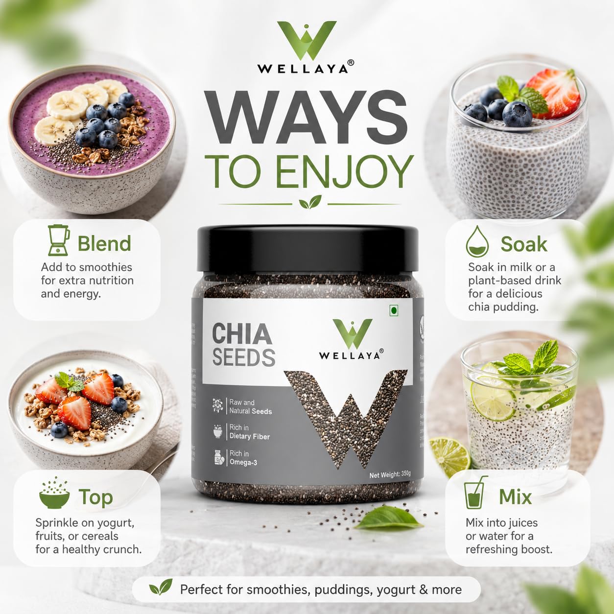 WELLAYA Chia Seeds - | Calcium and Protein Rich Healthy Raw Seeds | Clean Chia Seeds for Eating | Vegan Superfood for Wellness