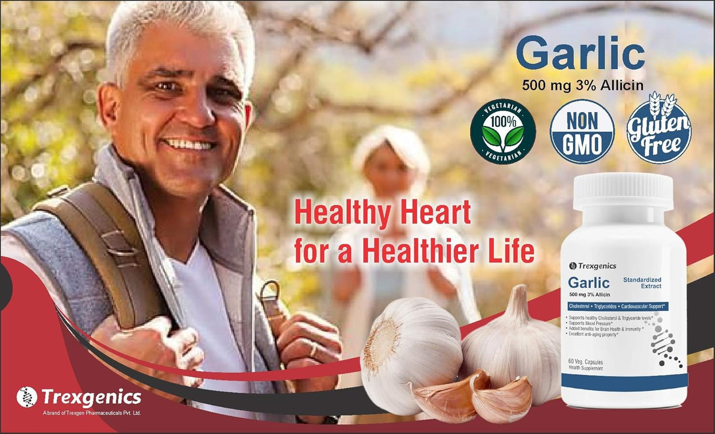 Advertisement for Trexenics garlic supplement with a man outdoors and garlic bulbs.