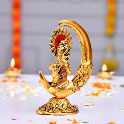 Gold Plated Metal Handicraft Lord Krishna On Moon Playing Basuri Flute Home Decor Idol for Puja and Office Shop Counter Decoration Purpose Showpiece Festive Home Office Gifts