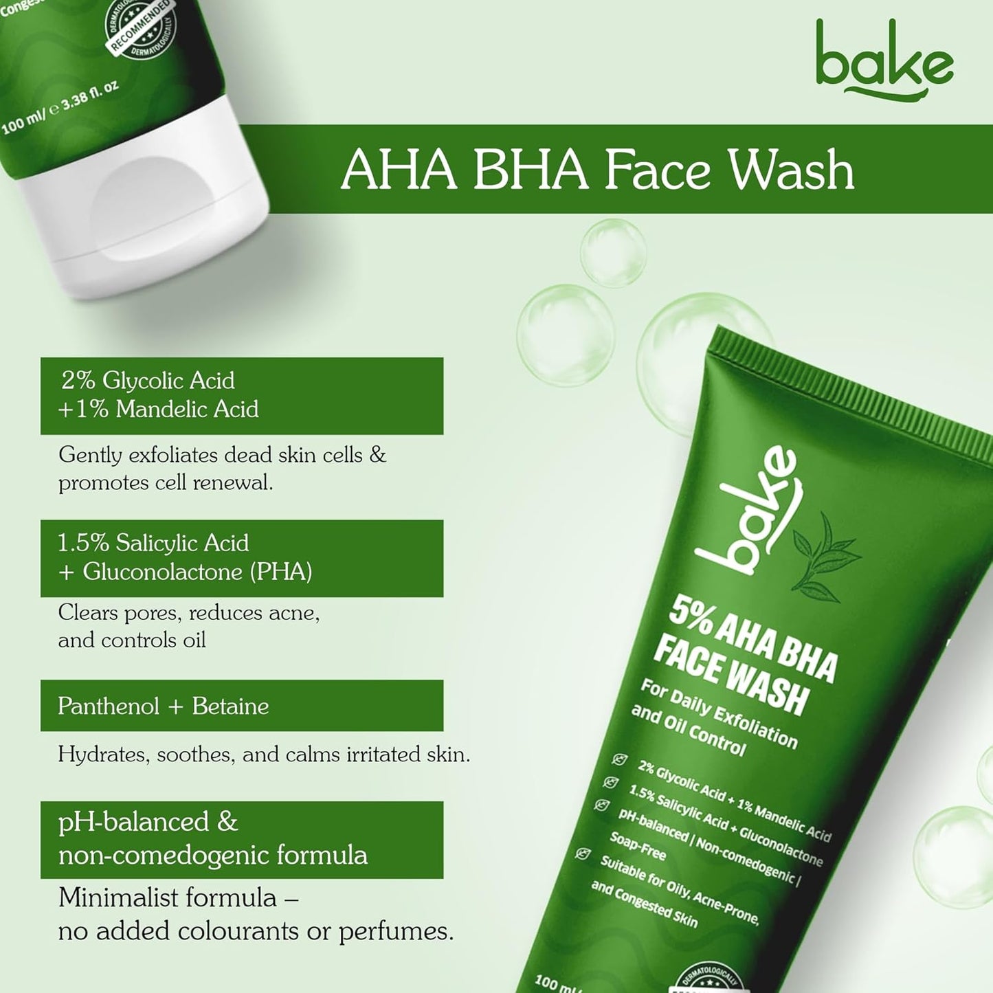 BAKE 5% AHA BHA Face Wash with 1.5% Salicylic Acid, 2% Glycolic Acid & 1% Mandelic Acid for Open Pores, Acne & Dark Spots | For Oily Acne Prone Skin | Daily Exfoliation & Oil Control - 100ml