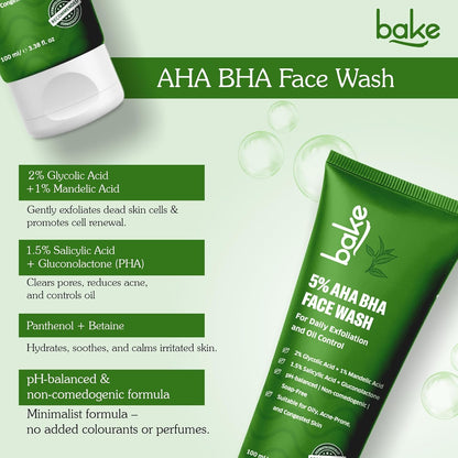 BAKE 5% AHA BHA Face Wash with 1.5% Salicylic Acid, 2% Glycolic Acid & 1% Mandelic Acid for Open Pores, Acne & Dark Spots | For Oily Acne Prone Skin | Daily Exfoliation & Oil Control - 100ml