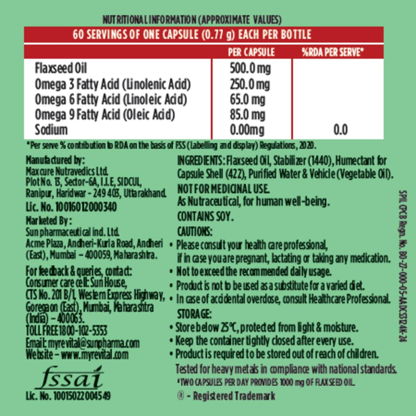 Revital Omega 3 Vegetarian 1000mg Flaxseed Oil |Supports joint health, heart health and enhances memory function | Fusion on Omega 3,6 and 9 |Plant-Powered| 60 capsules