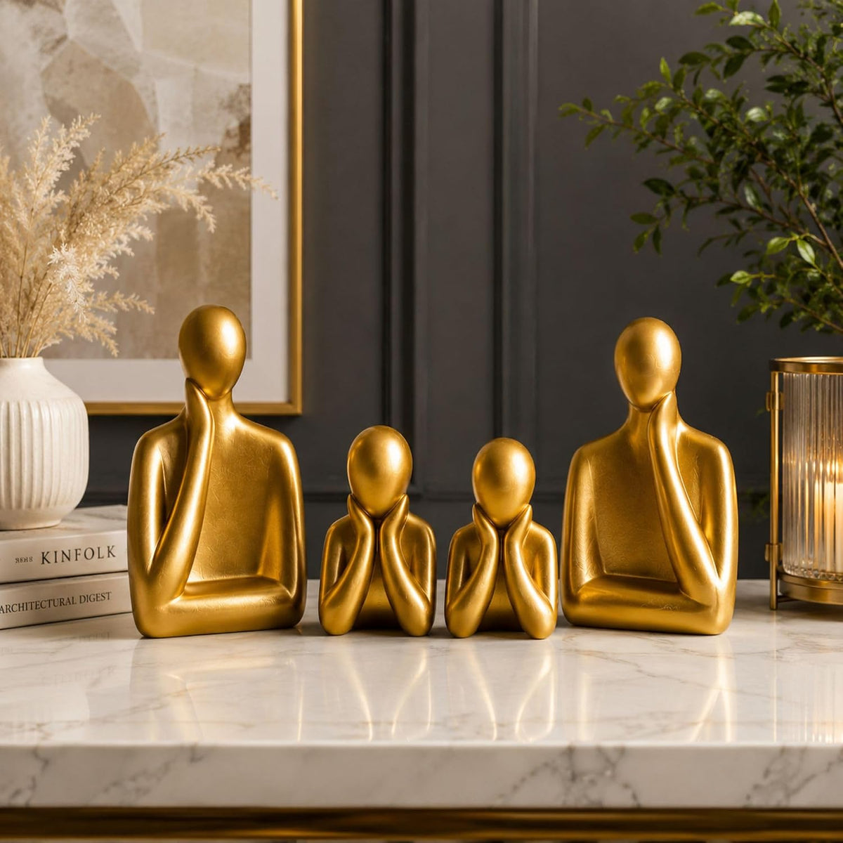 Ceramic Family Statue Set of 4 – Home Decor Items for Living Room, Bedroom, Office & Table Artifact (Gold)