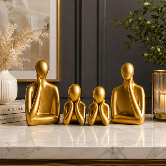 Ceramic Family Statue Set of 4 – Home Decor Items for Living Room, Bedroom, Office & Table Artifact (Gold)