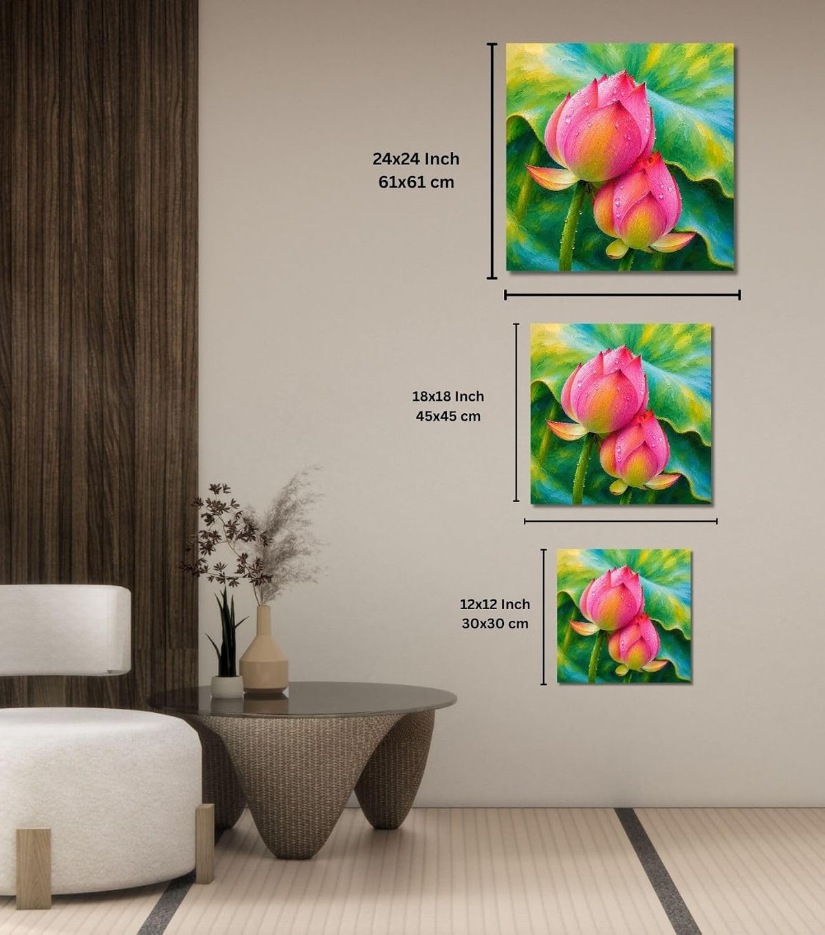 Lotus Flower Painting for Wall Vastu (15+ DESIGNS) Framed Lotus Canvas Painting for Living Room, Bedroom | Nature Floral Wall Art with Multiple Design Variations (Dark Pink Lotus, 18x18 Inch, Framed)
