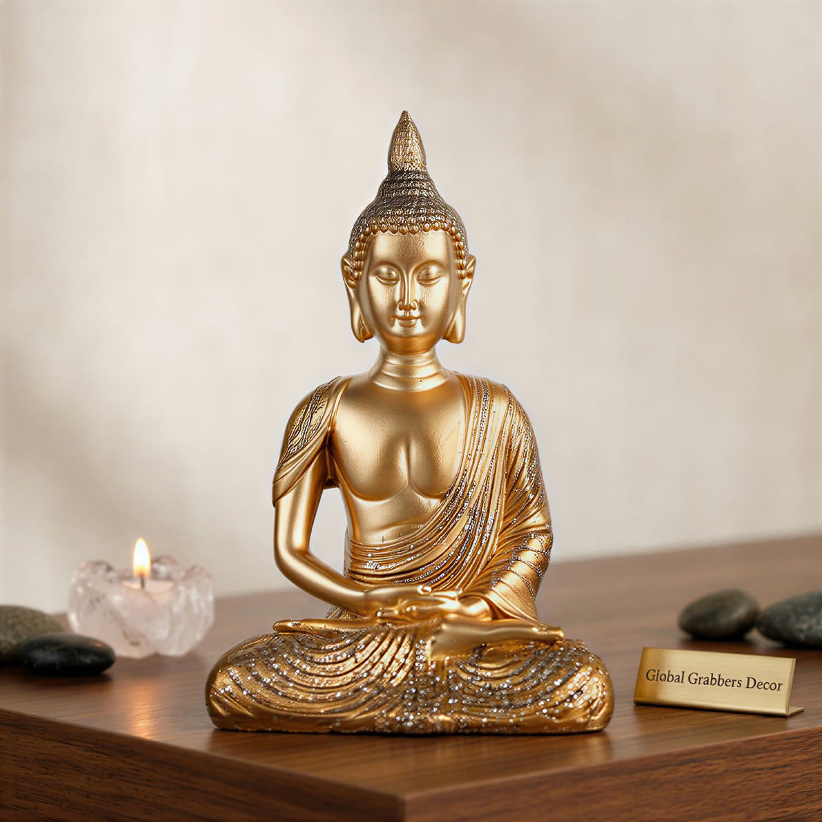New Sitting Meditating Buddha Statue showpiece Idol Home Decor Items for Living Room and Gifts (Golden 1)