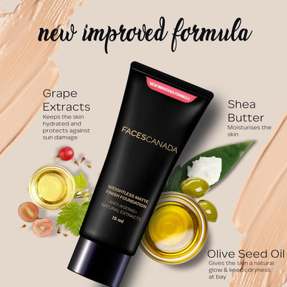 FACESCANADA Weightless Matte Finish Foundation - Medium Natural, 15ml | Lightweight | Natural Finish | Anti-Ageing | Non-Clog Pores | Enriched With Olive Seed Oil, Grape Extract, Shea Butter