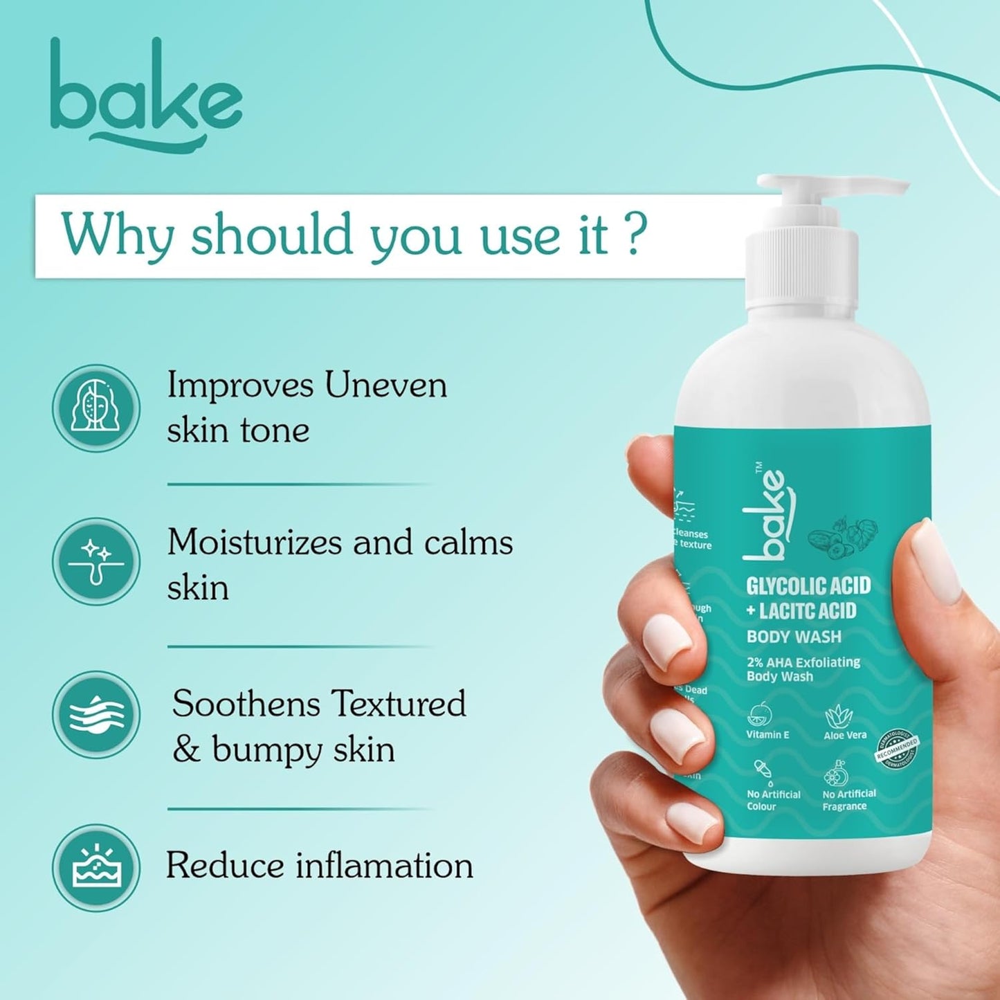 BAKE 2% Lactic & Glycolic Acid Body Wash for Tan Removal, Strawberry & Uneven Skin | Anti-Bacterial & Inflammatory | For Dry, Rough & Bumpy Skin | For Women & Men | 250ml