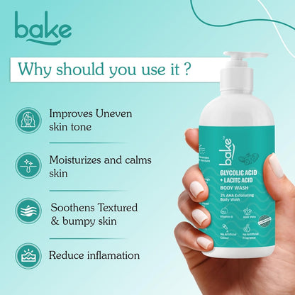 BAKE 2% Lactic & Glycolic Acid Body Wash for Tan Removal, Strawberry & Uneven Skin | Anti-Bacterial & Inflammatory | For Dry, Rough & Bumpy Skin | For Women & Men | 250ml