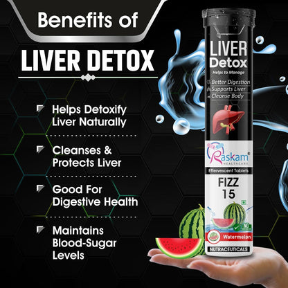 Liver Detox supplement bottle with benefits listed on a black background