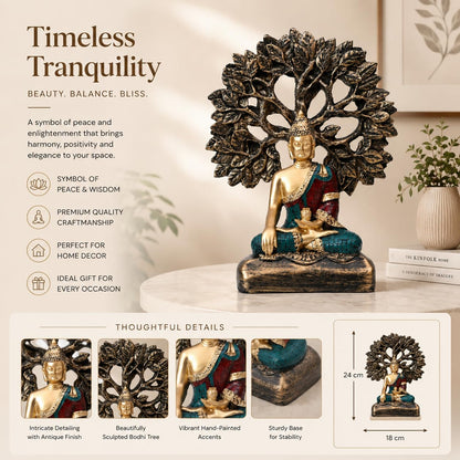 Handcrafted Buddha Showpiece with Tree for Home Décor (Pack of 1, Multi)