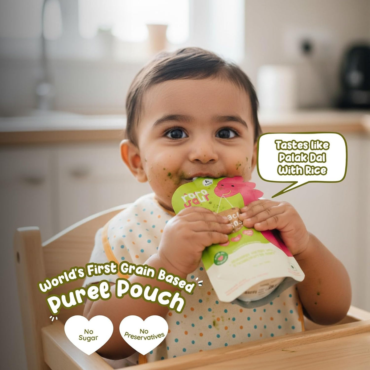Rorosaur Baby Food Puree Pouch | Ready to Eat Palak Dal with Jowar in Pouch for 6+ Months Baby| Spinach |Easy to Digest, 100% Natural Healthy, No Preservatives, No Sugar, No Salt | 100g each, Pk of 2