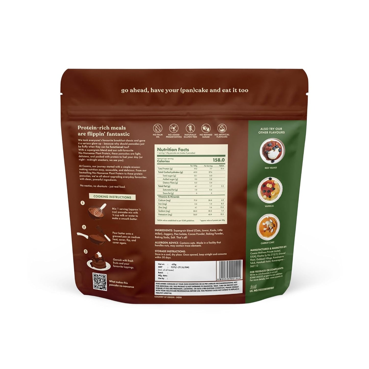 Cosmix No-Nonsense Protein Pancake | 8g Protein/Serving | Instant Breakfast with Supergrain Blend (Oats, Jowar, Kodo, Little Millet) | Pancake Mix | No Maida, No Refined Sugar | Chocolate - 450g