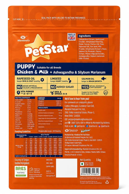 PetStar Puppy Dog Food, Chicken & Milk, 1 kg | High Protein Formula for Growing Puppies | DHA for Brain Development | Supports Immunity, Digestion & Strong Bones