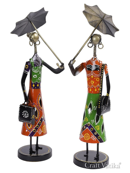 CraftVatika Metal Fashion Dolls with Umbrella Statue Decorative Showpiece Items for Home Decor Living Room Bedroom Table Desk Decoration & Gifts