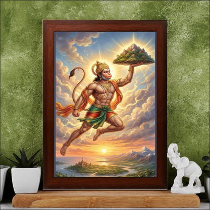 Hanuman Carrying the Sanjeevani Mountain Wall Art | Brown Frame | 10 x 13.5 Inch