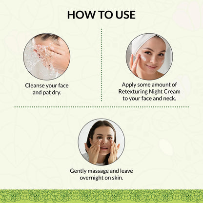 Instructions on how to use a retexturing night cream with step-by-step illustrations.