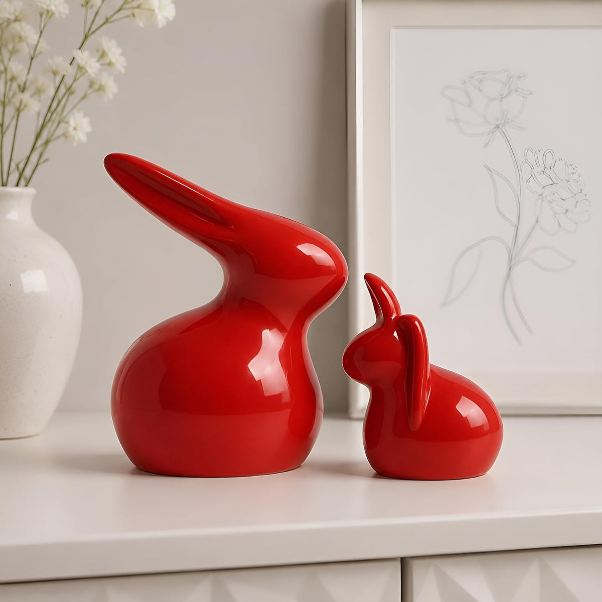 Home Décor Ceramic Rabbit Figurines (Set of 2, Red Color)