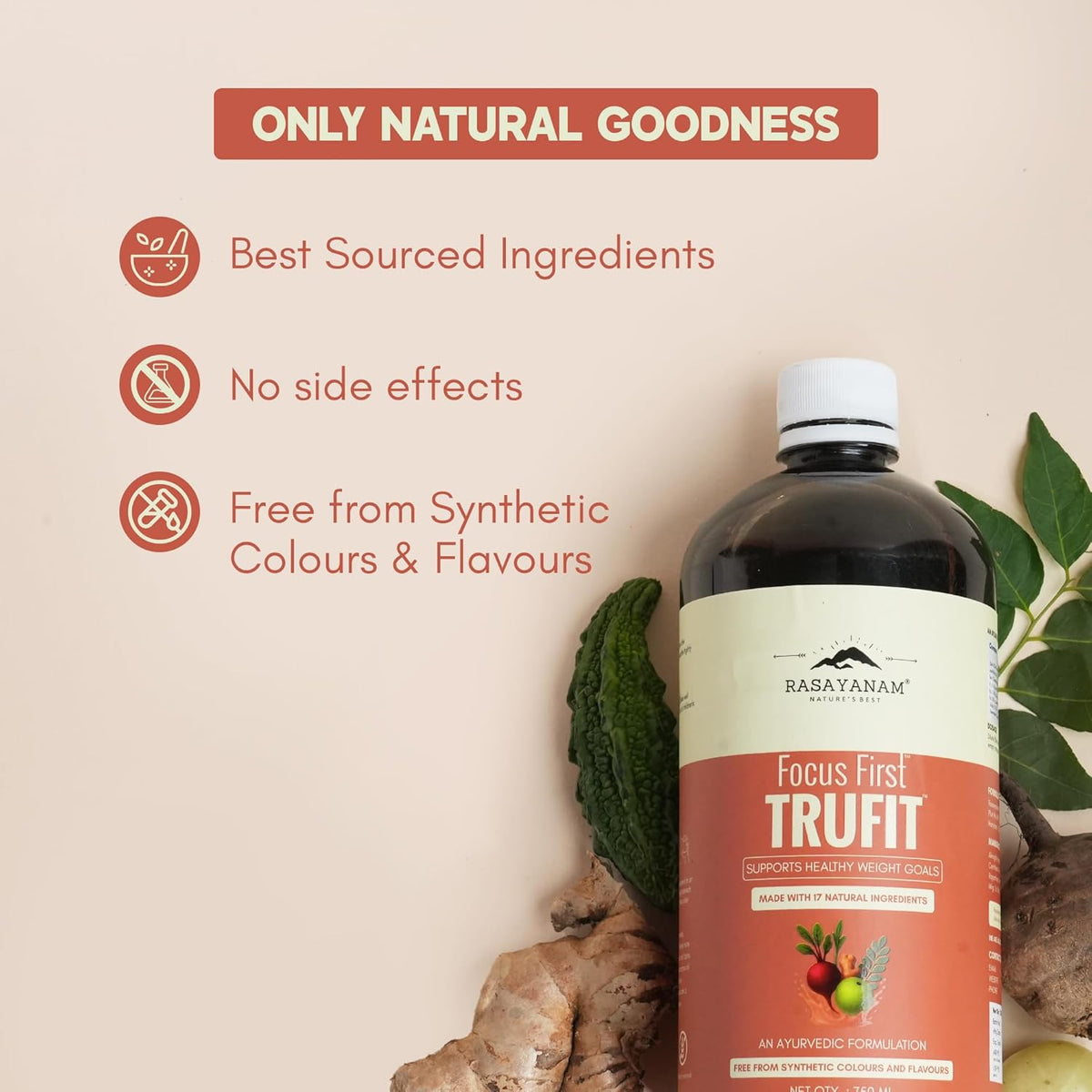 Bottle of Rasayanam Focus First Trufit with natural ingredients on a beige background