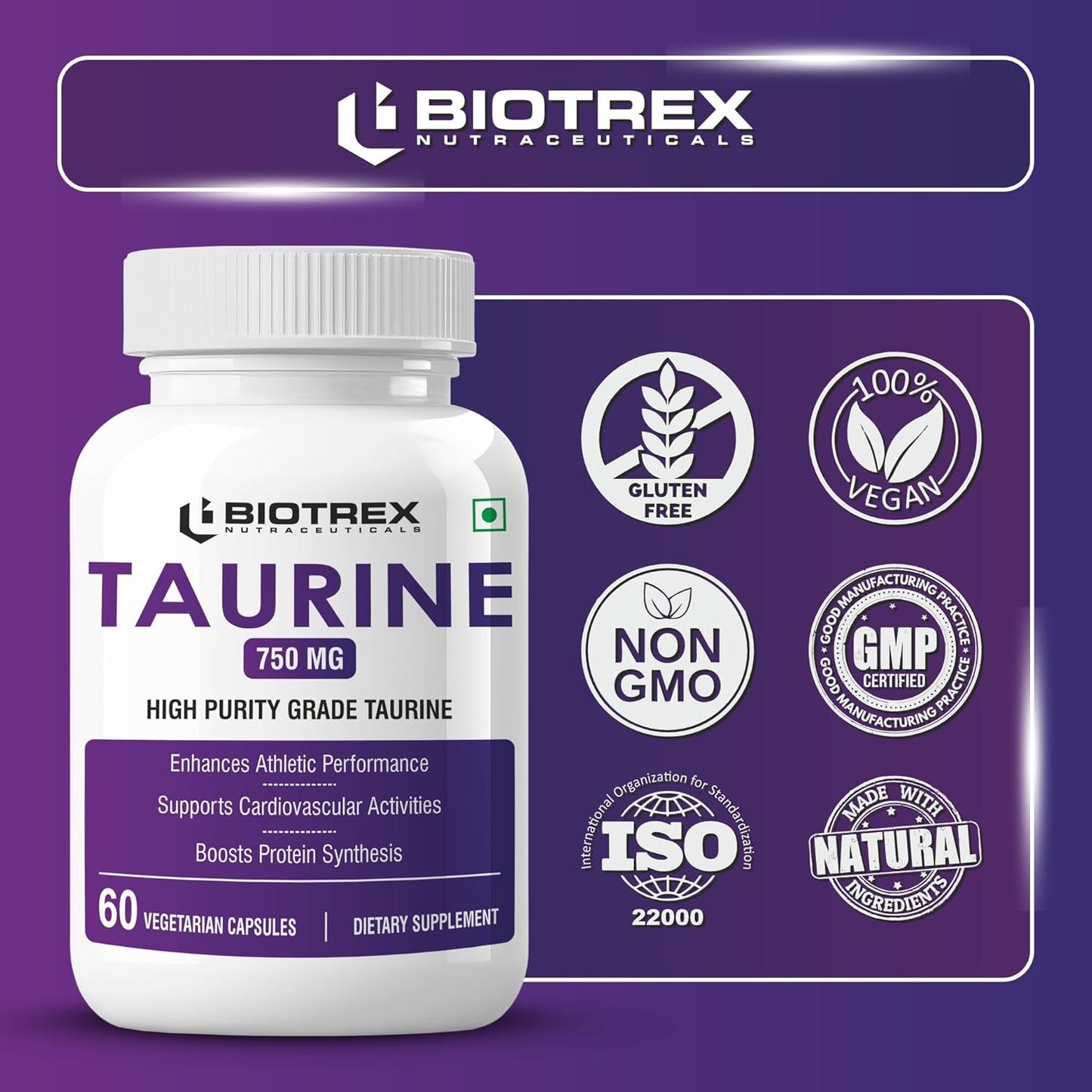 Biotrex Nutraceuticals Taurine 750mg | Antioxidant | Cardiovascular Health & Helps Enhanching Muscle Function | Eye Health | Amino Acid Supplement For Athletic Performance | Men & Women - 60 Veg Capsule