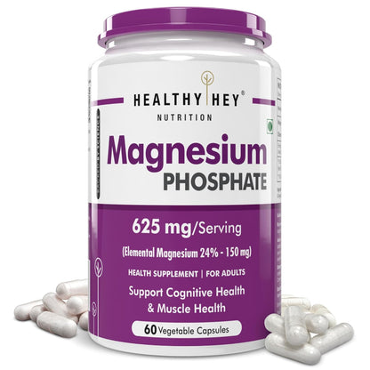 Supplement container labeled 'Healthy Hey Nutrition Magnesium Phosphate' on a white background