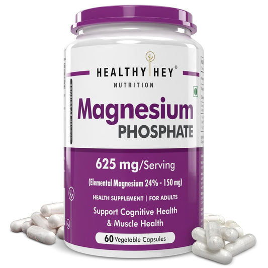 Supplement container labeled 'Healthy Hey Nutrition Magnesium Phosphate' on a white background