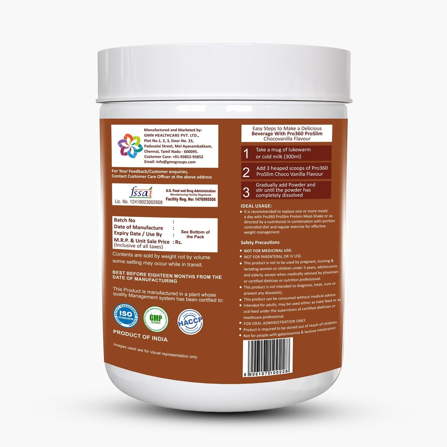 Pro360 ProSlim 500g Meal Replacement Shake Protein Powder Supplement for Men & Women | Dietary Supplement for Weight Management |No Added Sugar| | Choco Vanilla Flavor