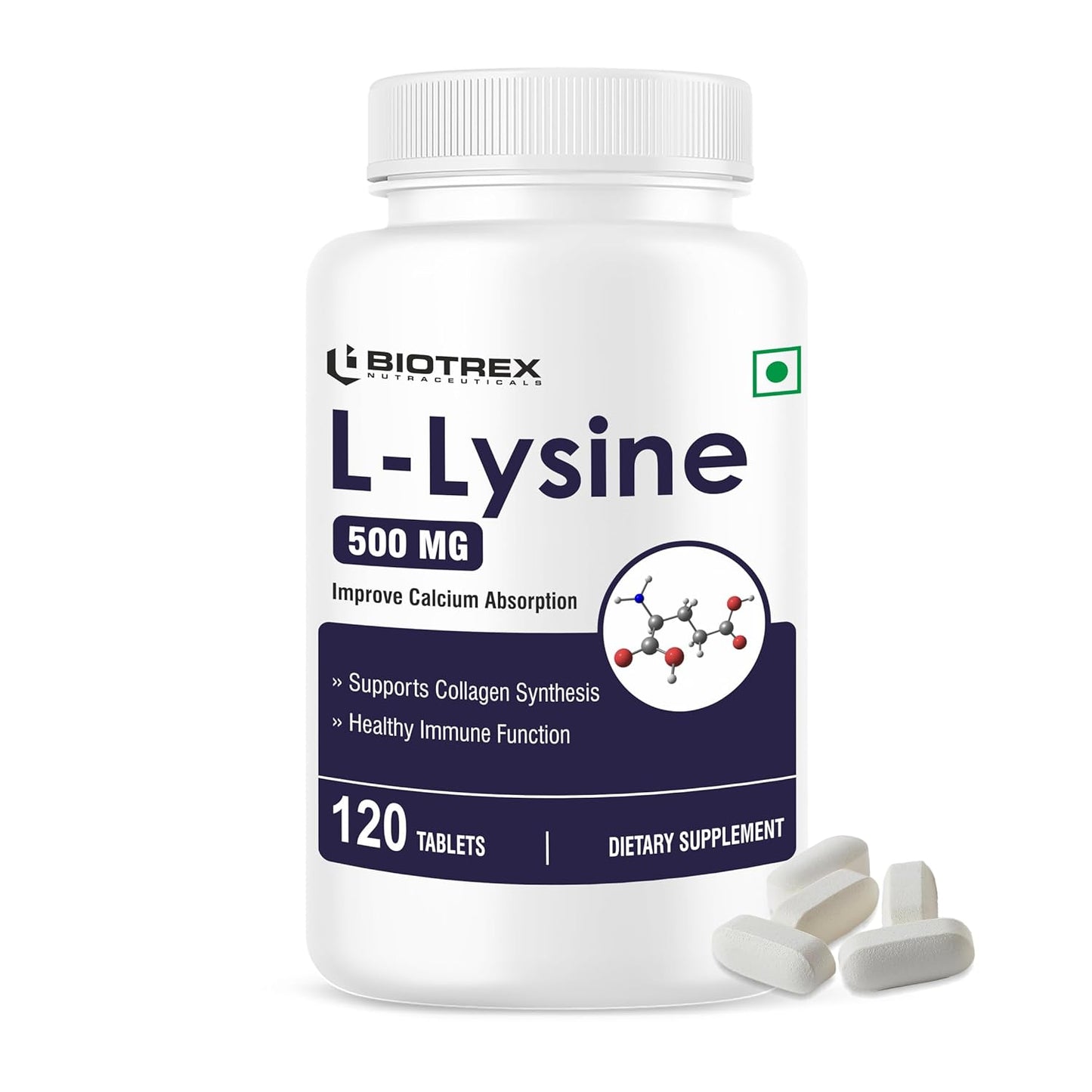Biotrex Nutraceuticals L-Lysine 500mg | Supports Muscle Growth & Healing | Improve Calcium Absorption & Bone Health | Boost Immunity | L-Lysine Amino Acid | 120 Tablets