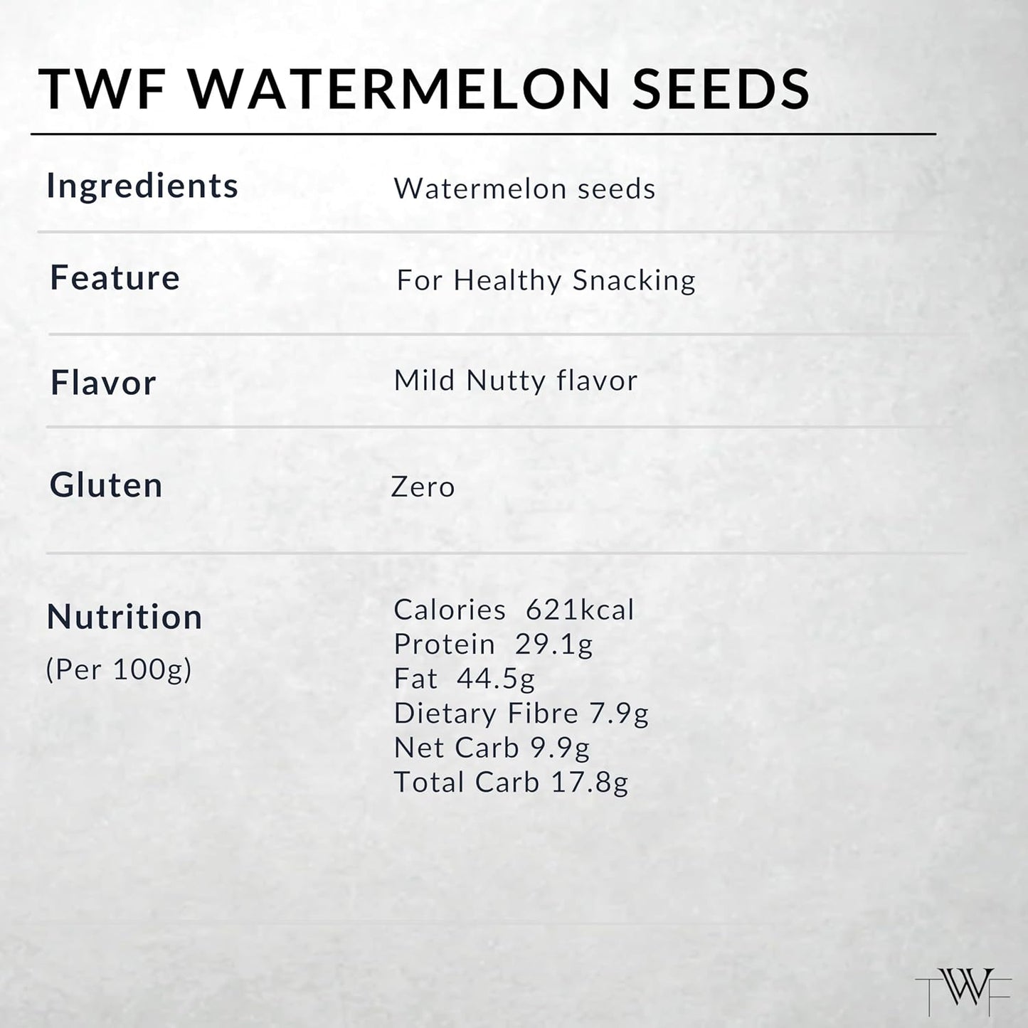 TWF Virgin Watermelon Seeds | AAA Grade Seeds for Eating | Gluten Free | Tarbuj Beej | Magaj Seeds | Non GMO | Rich In Protein & Dietary Fibre | Without Shell | Resealable Pack | Healthy Snack | Unroasted | Unsalted | Highest Natural Potency
