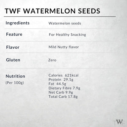 TWF Virgin Watermelon Seeds | AAA Grade Seeds for Eating | Gluten Free | Tarbuj Beej | Magaj Seeds | Non GMO | Rich In Protein & Dietary Fibre | Without Shell | Resealable Pack | Healthy Snack | Unroasted | Unsalted | Highest Natural Potency