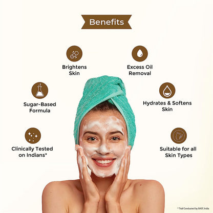 Woman applying facial mask with benefits listed on a white background