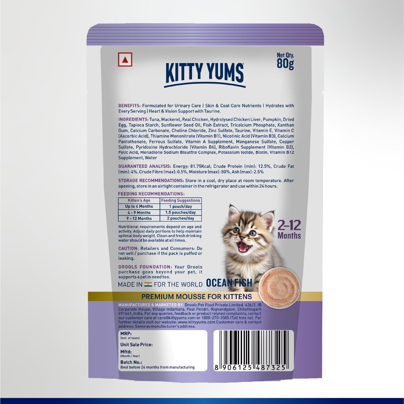 Kitty Yums Kitten Wet Mousse 80g | Ocean Fish | Rich in Protein | Promotes Hydration & Easy to Digest | Grain Free | No Artificial Flavours |Packed with Essential Vitamins & Antioxidants