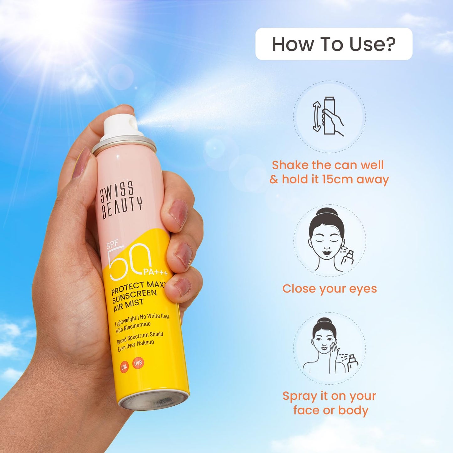 SWISS BEAUTY Protect Maxx Sunscreen Air Mist | SPF 50 PA+++ | With Niacinamide | UVA+UVB Protection For All Skin Type | Even Over Makeup | For Face & Body | 80ml