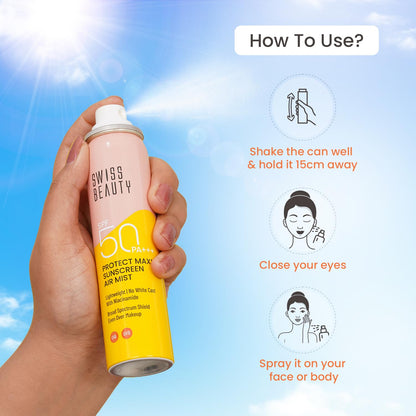 SWISS BEAUTY Protect Maxx Sunscreen Air Mist | SPF 50 PA+++ | With Niacinamide | UVA+UVB Protection For All Skin Type | Even Over Makeup | For Face & Body | 80ml