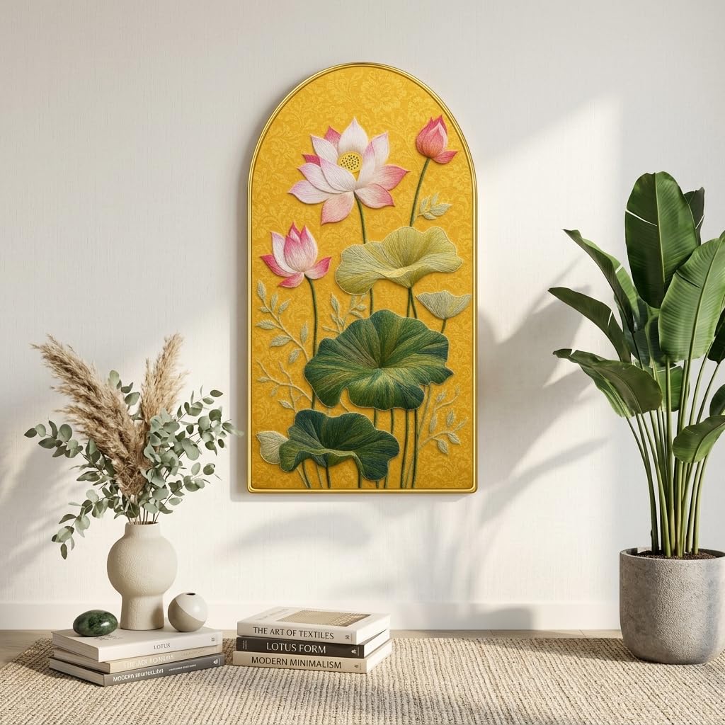 Lotus Flower Wall Painting for Living Room, Yellow Botanical Artwork with PVC Golden Frame, Premium Decorative Wall Art for Home, Bedroom, Office & Gift (30 x 16 Inch) RPNL-01-90