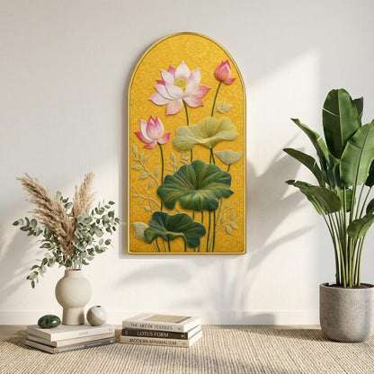 Lotus Flower Wall Painting for Living Room, Yellow Botanical Artwork with PVC Golden Frame, Premium Decorative Wall Art for Home, Bedroom, Office & Gift (30 x 16 Inch) RPNL-01-90