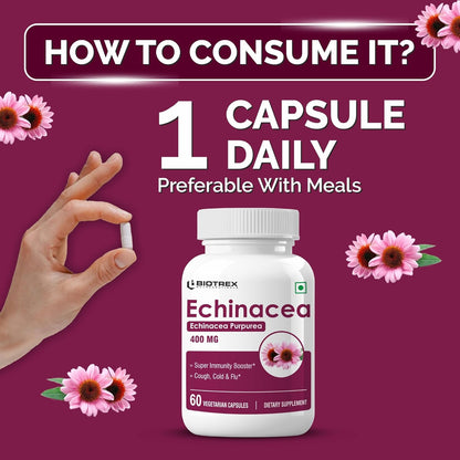 Biotrex Nutraceuticals Echinacea 400mg | Immunity & Anti-inflammatory Effects | Antioxidant Properties | Skin Health & Overall Wellbeing – 60 Veg Capsules