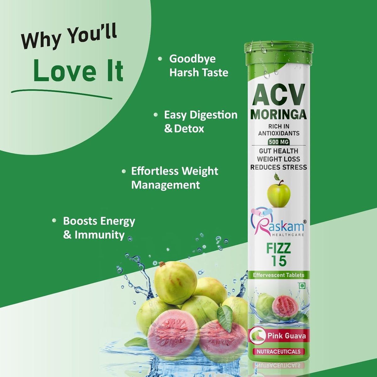 ACV Moringa supplement tube with fruits on a green background